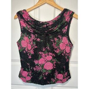 Andretta Donatiella Beaded Vintage Rose Silk Sleeveless Top Black Pink Large